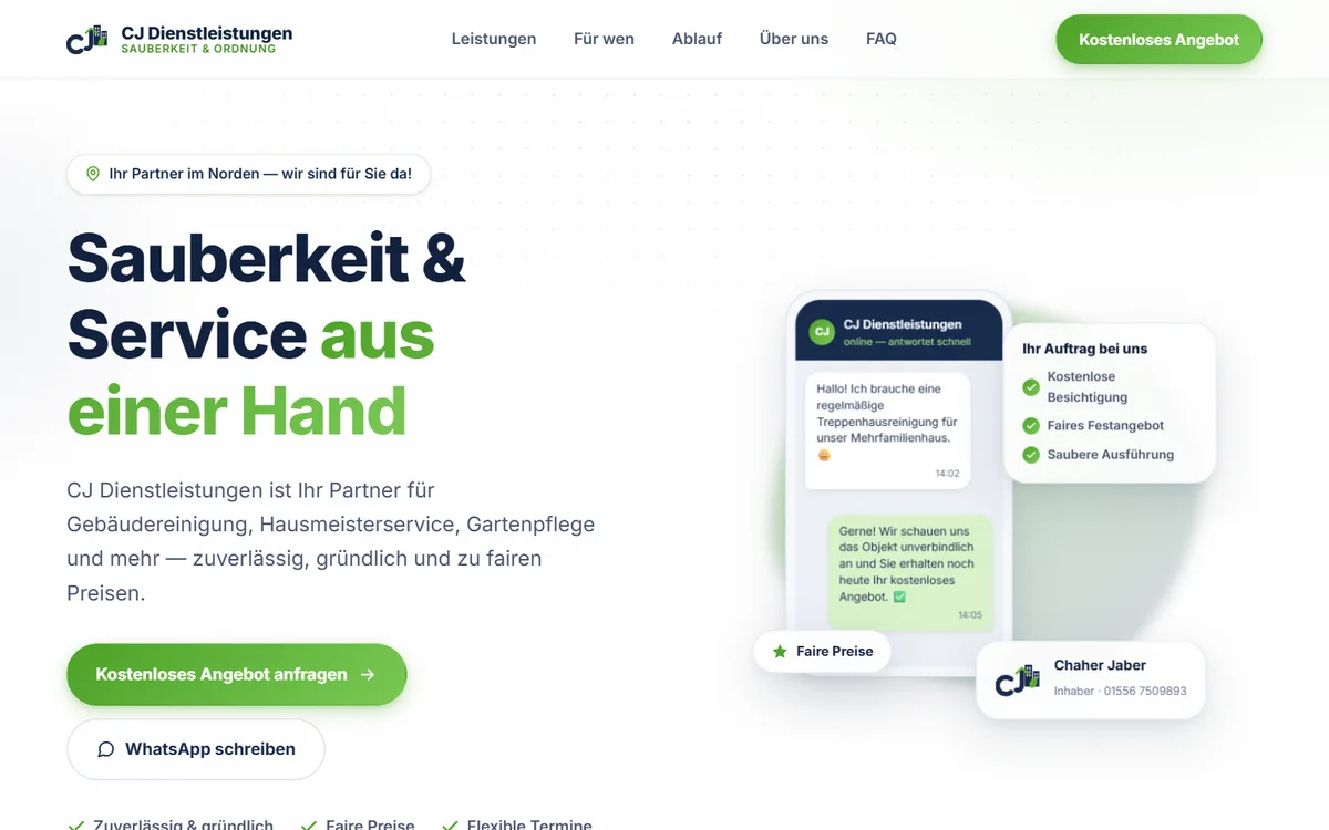 CJ Dienstleistungen – Website für Gebäudereinigung und Hausmeisterservice in Rendsburg